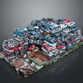 Large Scrap Cars Pile Stacked With Various Colors And Old Auto Parts