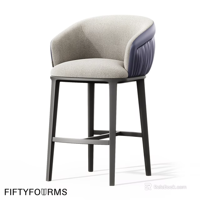 Modern Bar Stool With Gray Upholstery Dark Pleated Backrest And Black Legs 3d model 