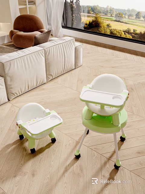 White and Green Baby High Chairs with Tray on Wheels in Living Room 3d model 