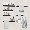 Bathroom Accessories With Black Shelves Towels And Toiletries On Gray Wall