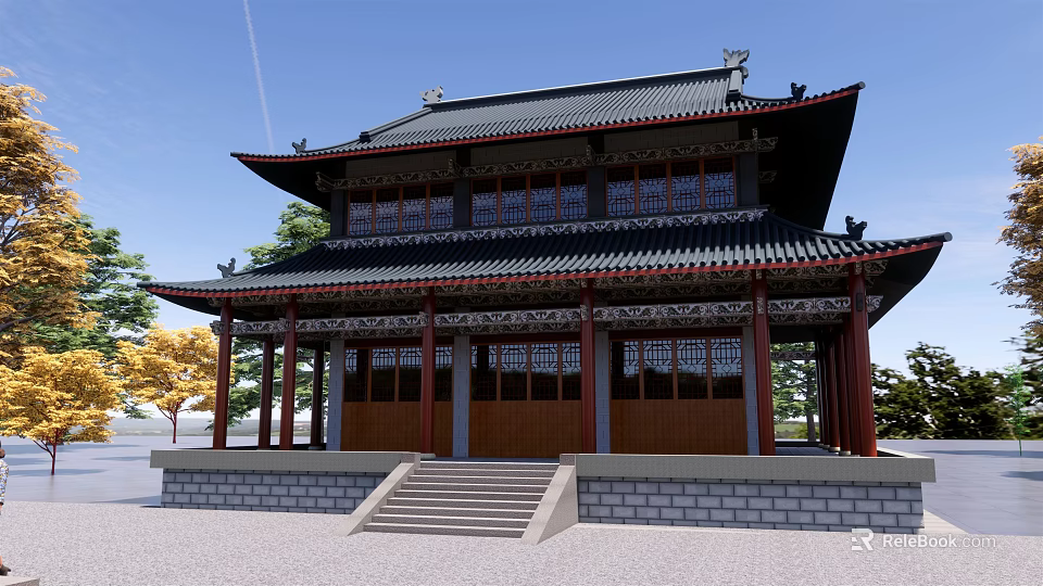 Ancient Chinese Architecture Featuring Double Layered Roof Ornate Eaves Red Pillars And Stone Steps 3d model 