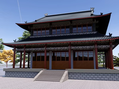 Ancient Chinese Architecture Featuring Double Layered Roof Ornate Eaves Red Pillars And Stone Steps 3d model