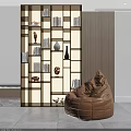 Modern Open Shelf Bookcase With Books Decorative Vases Sculptures And Bean Bag Chair