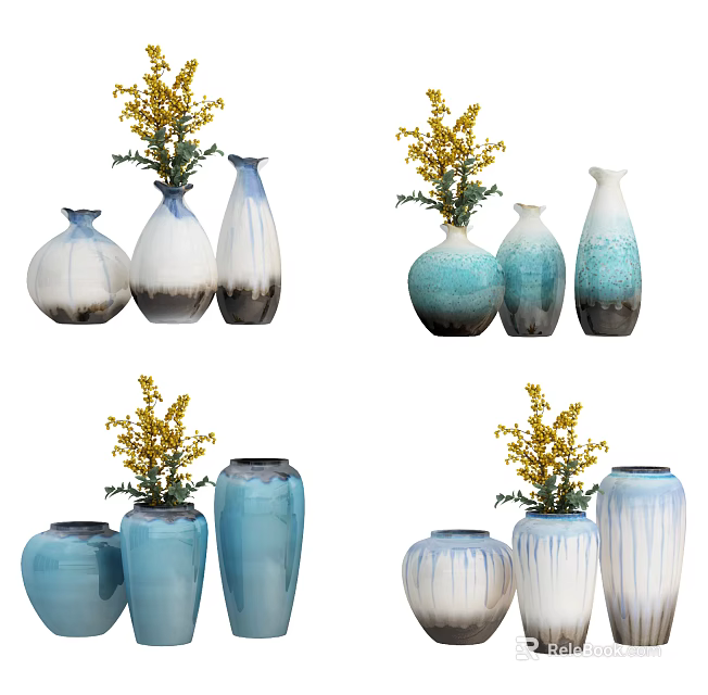 Decorative Ceramic Vases with Yellow Flowers in Blue White Gradient Styles for Home Decor 3d model 