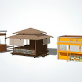 Different Food Vending Kiosks And Mobile Carts With Wooden Structures And Thatched Roofs