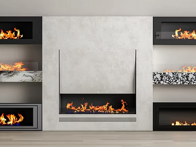 Modern Interior Various Fireplace Design With Concrete Surround And Burning Flames 3d model