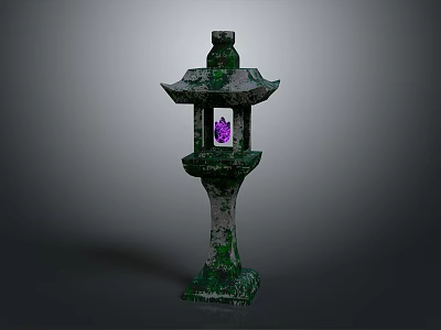 Mossy Traditional Stone Lantern With Purple Light Pagoda Style Roof And Stone Base 3d model