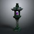 Mossy Traditional Stone Lantern With Purple Light Pagoda Style Roof And Stone Base