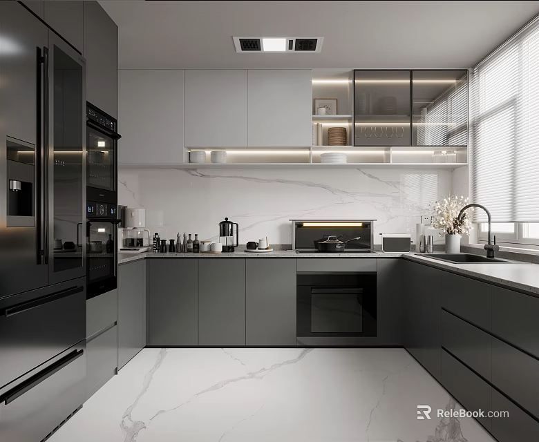 Modern Kitchen Interior Design With Gray Cabinets Marble Countertops And Appliances 3d model 
