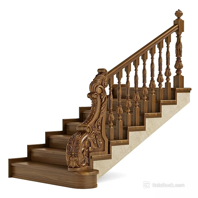 Elegant Classic Wooden Staircase With Intricately Carved Handrail And Decorative Balusters 3d model 