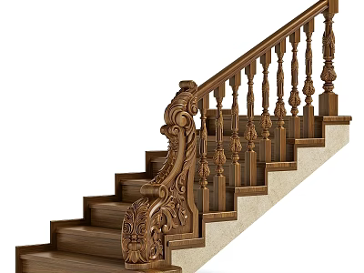 Elegant Classic Wooden Staircase With Intricately Carved Handrail And Decorative Balusters 3d model