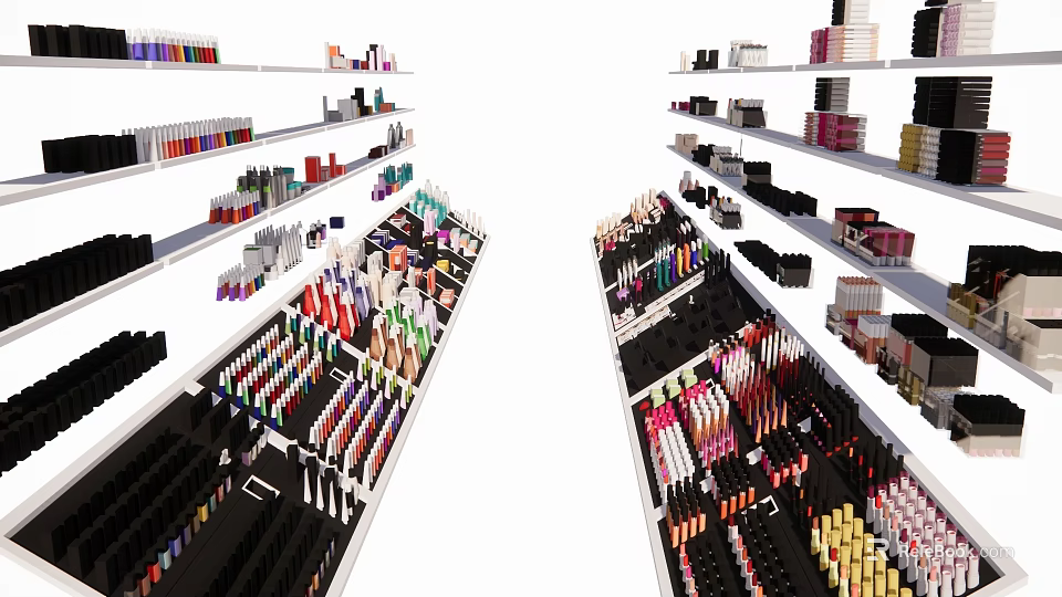 Cosmetics Store Interior With Shelves Displaying Lipsticks Nail Polishes And Skincare Products 3d model 