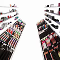 Cosmetics Store Interior With Shelves Displaying Lipsticks Nail Polishes And Skincare Products