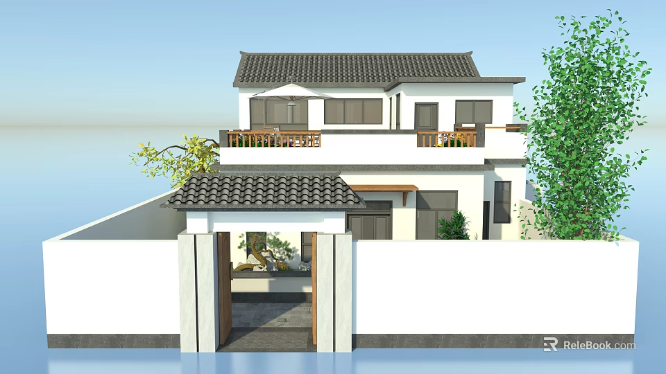 Traditional Chinese Style Detached Villa with Tile Roof White Walls and Courtyard Entrance 3d model 