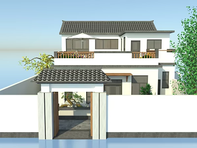 Traditional Chinese Style Detached Villa with Tile Roof White Walls and Courtyard Entrance 3d model
