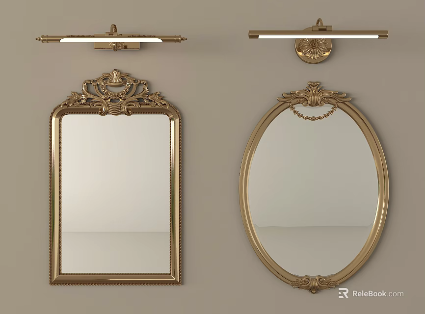 Ornate Decorative Mirrors With Golden Frames Rectangular And Oval Shapes With Lighting Fixtures 3d model 
