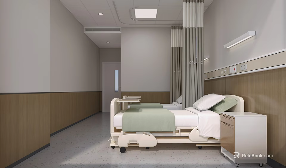 Modern Hospital Ward Interior With Adjustable Bed Bedside Cabinet Curtains And Wall Panels 3d model 