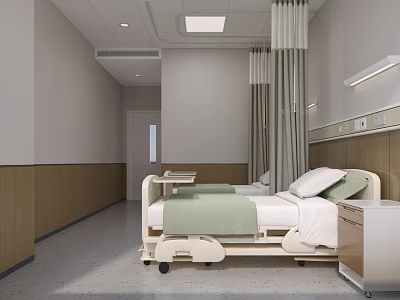 Modern Hospital Ward Interior With Adjustable Bed Bedside Cabinet Curtains And Wall Panels 3d model