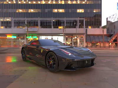 Black Luxury Sports Car Parked On City Street With Tall Buildings And Neon Lights 3d model