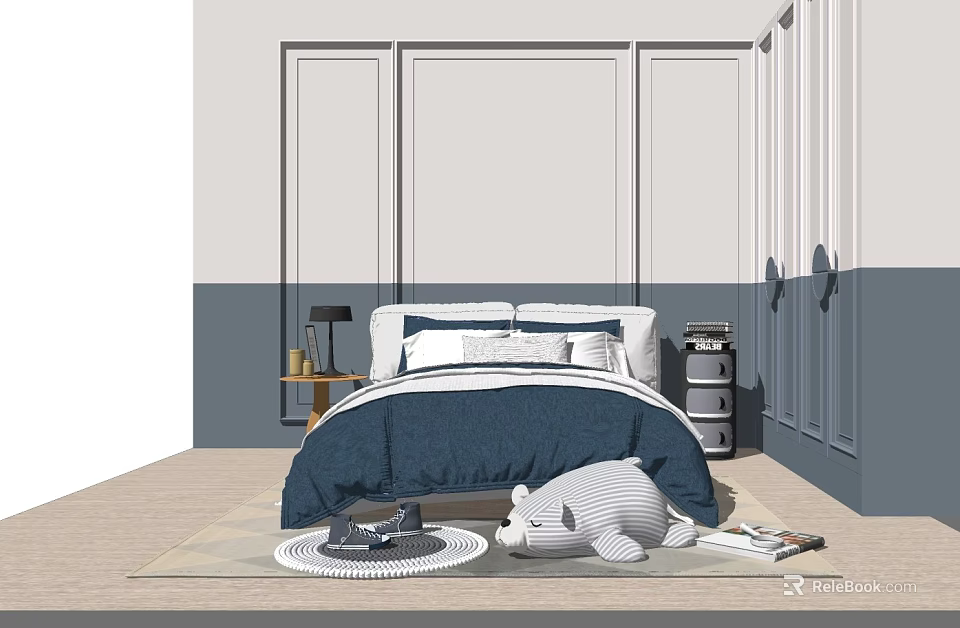 Stylish Background Double Bed with Blue Bedding White Pillows Nightstand Lamp and Gray White Walls 3d model 