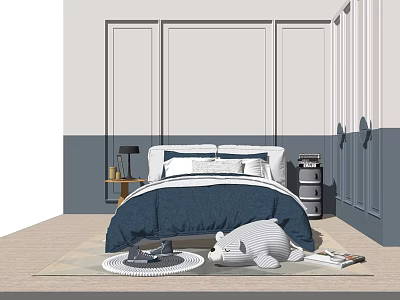 Stylish Background Double Bed with Blue Bedding White Pillows Nightstand Lamp and Gray White Walls 3d model