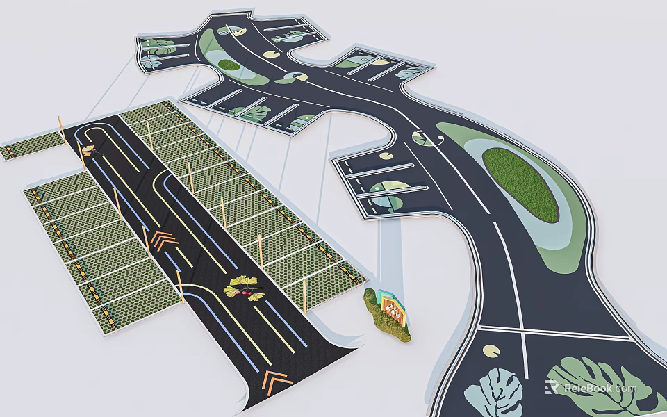 Modern Parking Lot Layout With Curved Road Paths And Lush Green Spaces 3d model 