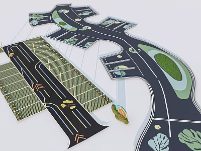 Modern Parking Lot Layout With Curved Road Paths And Lush Green Spaces 3d model