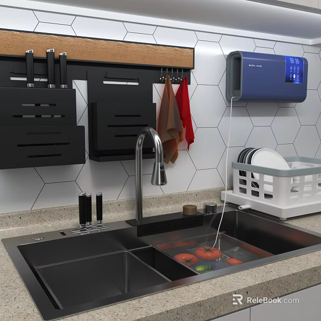 Stainless Steel Double Bowl Kitchen Sink with Faucet Dish Drainer and Hexagon Tile Backsplash 3d model 