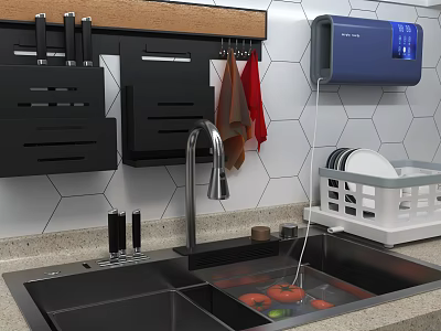 Stainless Steel Double Bowl Kitchen Sink with Faucet Dish Drainer and Hexagon Tile Backsplash 3d model