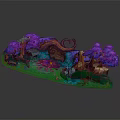 Enchanted Natural Landscape With Purple Trees Heart Shaped Hollow Pink Flowers Green Grass And Stream