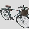 Vintage Blue Bicycle With Front Wicker Basket And Brown Leather Seat
