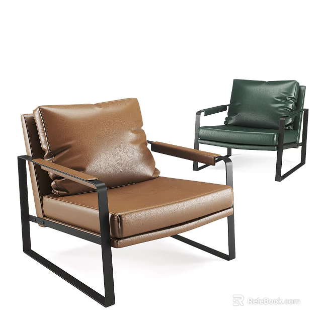 Brown And Green Leather Single Sofa With Black Metal Frame Design 3d model