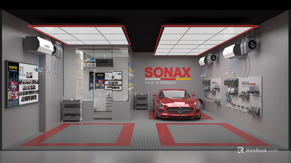 4S Car Dealership Interior Featuring Red Car SONAX Master Studio Tools And Equipment 3d model 