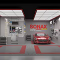 4S Car Dealership Interior Featuring Red Car SONAX Master Studio Tools And Equipment