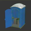Blue Portable Toilet Interior Featuring Open Door White Roof And Black Bin