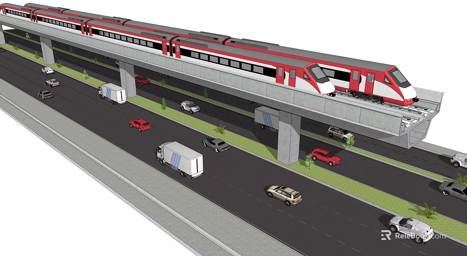 Elevated Red And White Train Moving On Overhead Track With Road Traffic Below 3d model
