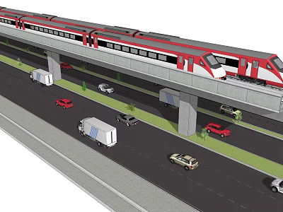 Elevated Red And White Train Moving On Overhead Track With Road Traffic Below 3d model