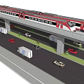Elevated Red And White Train Moving On Overhead Track With Road Traffic Below 3d model