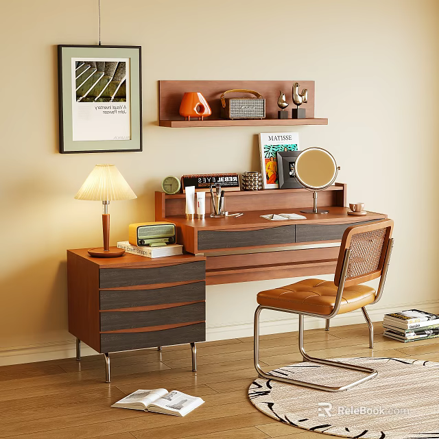 Modern Wooden Vanity Table With Table Lamp Mirror Leather Chair And Decorative Shelf 3d model 
