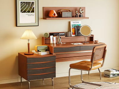 Modern Wooden Vanity Table With Table Lamp Mirror Leather Chair And Decorative Shelf 3d model