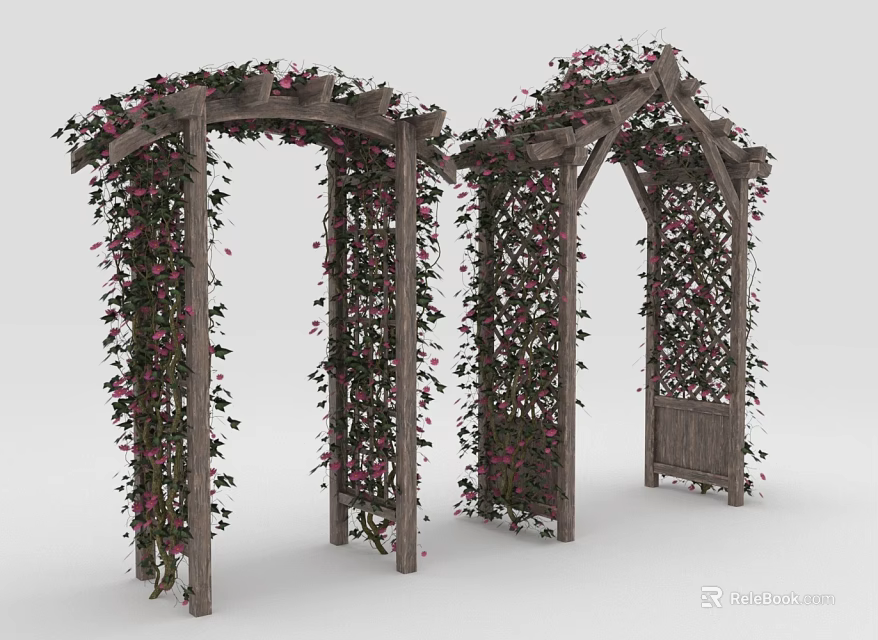 Lush Vining Plants with Pink Blooms Adorning Wooden Garden Arches 3d model 