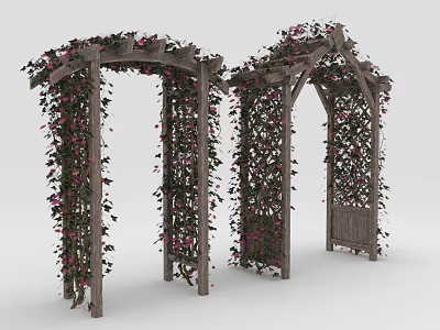Lush Vining Plants with Pink Blooms Adorning Wooden Garden Arches 3d model