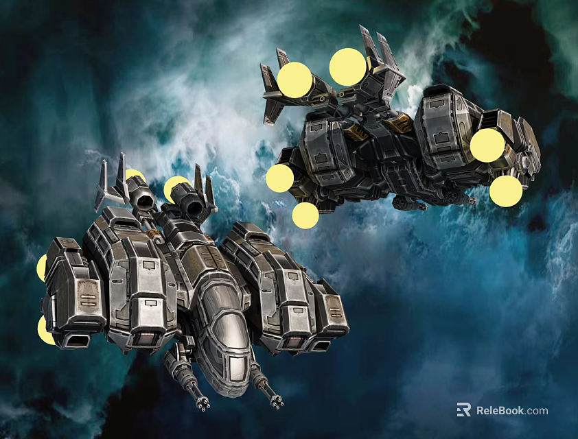 Two Fighter Jets Flying With Yellow Lights In Starry Space Background 3d model 