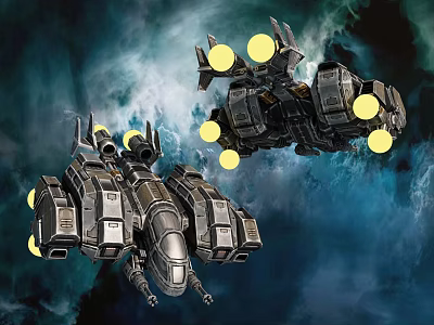 Two Fighter Jets Flying With Yellow Lights In Starry Space Background 3d model