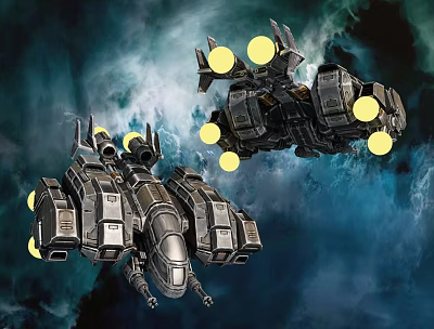 Two Fighter Jets Flying With Yellow Lights In Starry Space Background 3d model