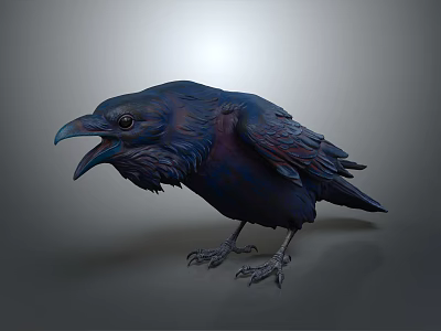 Dark Blue Raven With Open Beak And Detailed Feathers In Standing Pose 3d model