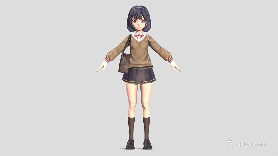 3D School Girl Character In Brown Sweater Black Pleated Skirt Red Bow And Bag 3d model 
