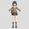 3D School Girl Character In Brown Sweater Black Pleated Skirt Red Bow And Bag