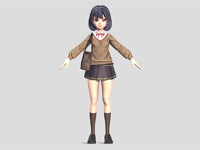 3D School Girl Character In Brown Sweater Black Pleated Skirt Red Bow And Bag 3d model