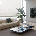 Modern Dining and Living Room Interior With Skylight Sofa Colorful Artwork And Large Windows